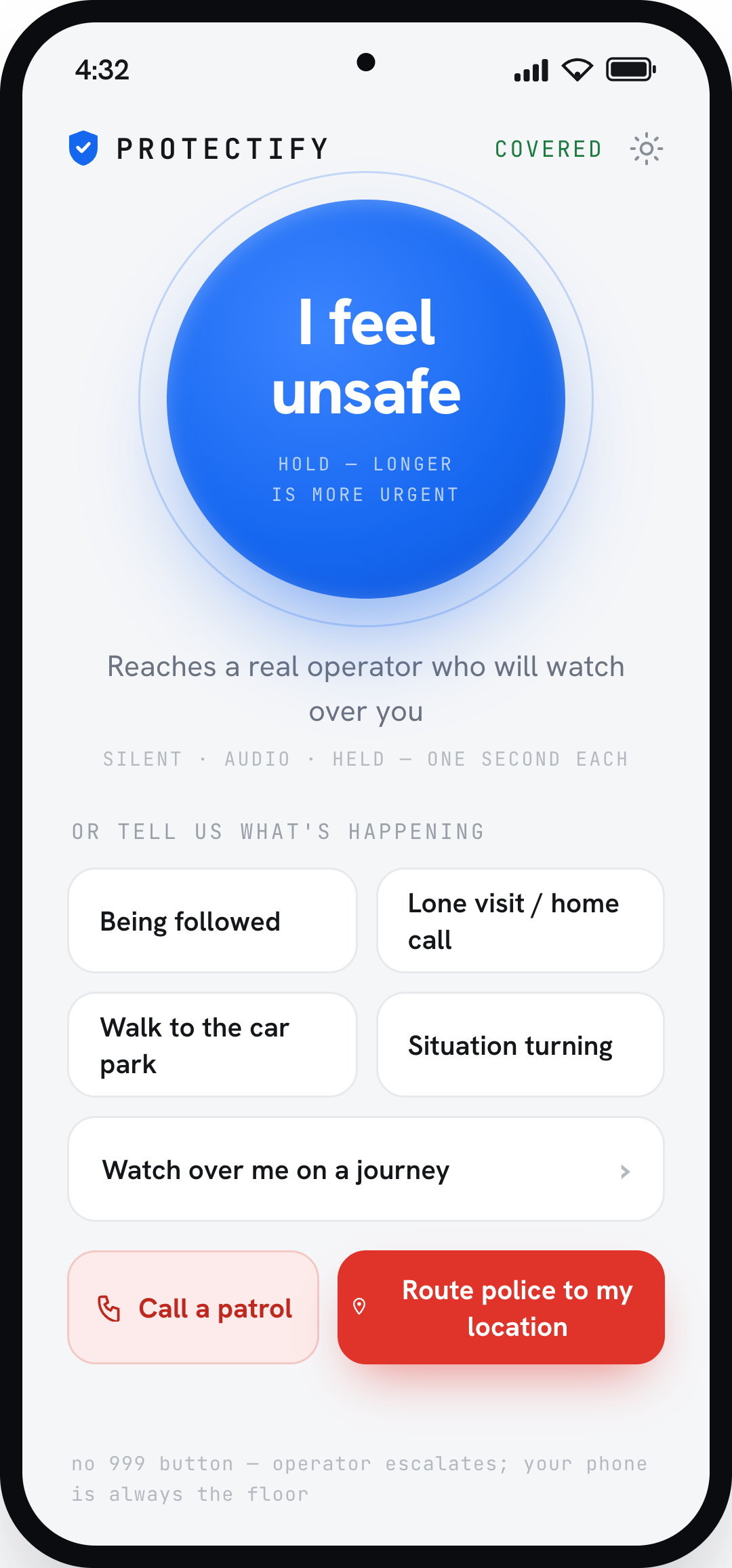 Protectify home screen with the hold-to-connect button and situation shortcuts