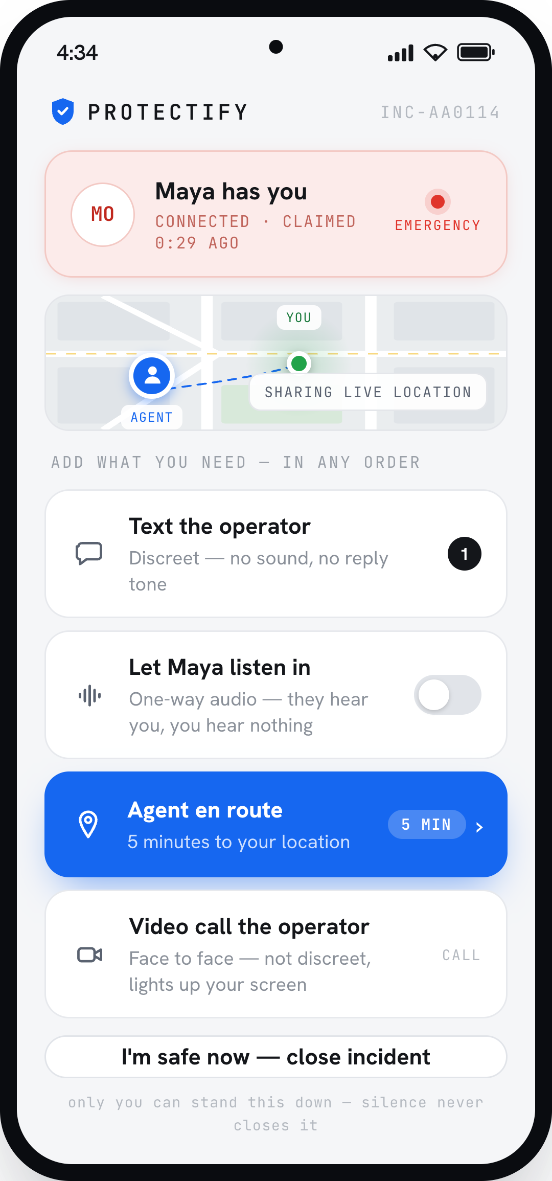 Emergency incident screen with an agent en route in five minutes