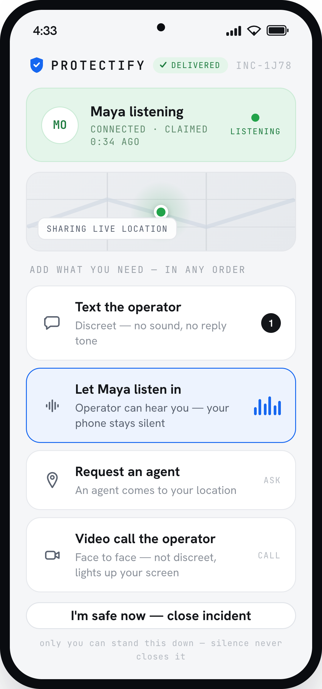 Live incident screen with operator listening in and live location sharing